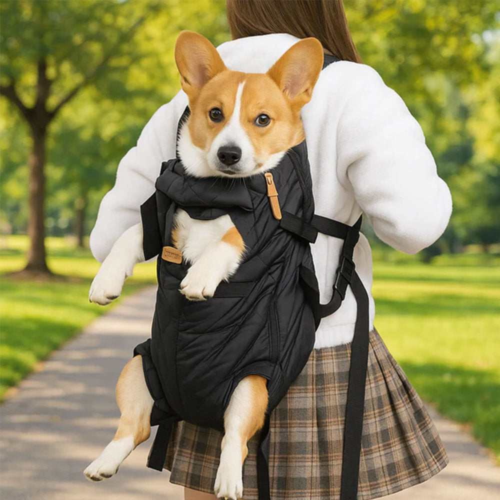 Black quilted pet back carrier backpack with a Corgi during a park hike: cozy, tight-fit design for long outdoor adventures (hikes/walks) with your furry friend.