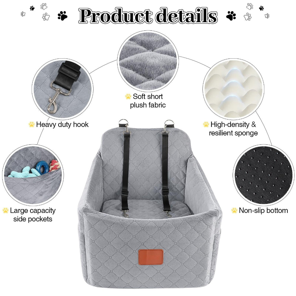 Pet car seat details including heavy-duty hooks, soft plush fabric, high-density sponge, non-slip bottom, and large side pockets – a comprehensive solution to address concerns about durability and practicality, offering a well-crafted seat for your pet’s car journeys.