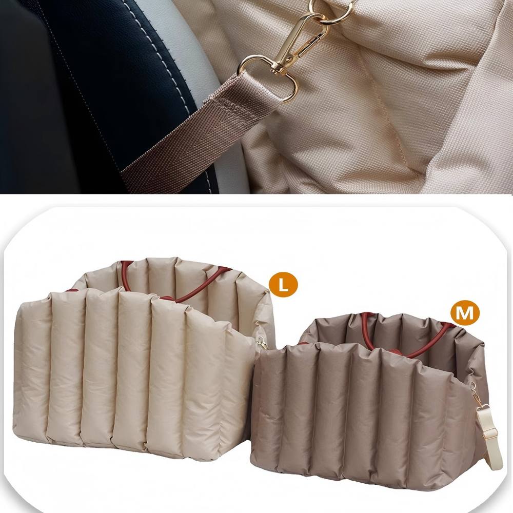 Two size options (L/M) of padded pet carrier with safety buckle, suitable for different-sized small dogs and cats during travel