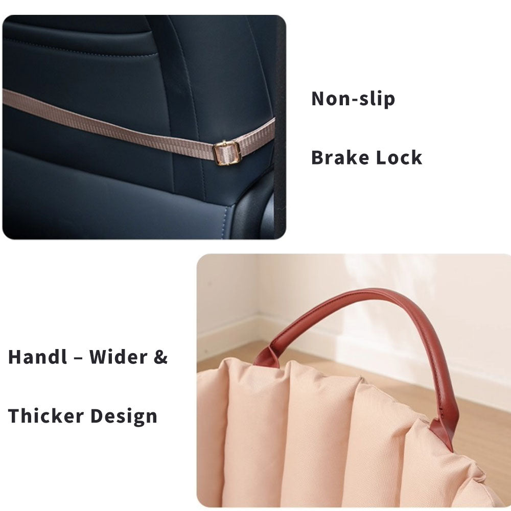 Pet carrier features: non-slip brake lock (secures to car seats) and wide, thick handle (reduces carrying fatigue for pet owners)