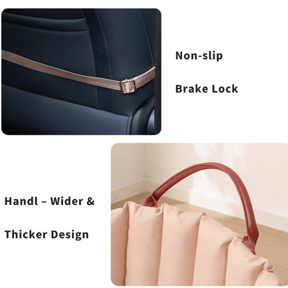 Pet carrier features: non-slip brake lock (secures to car seats) and wide, thick handle (reduces carrying fatigue for pet owners)