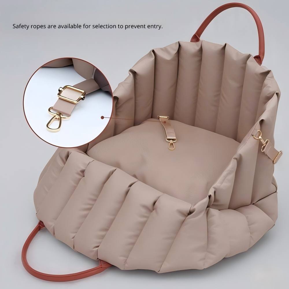 Padded pet carrier featuring a built-in safety leash and buckle, preventing pets from escaping while traveling by car