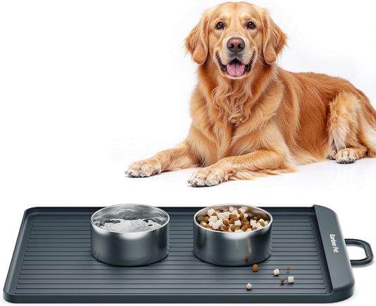 Pet feeding mat with stainless steel bowls and a Golden Retriever – a clean solution to end messy pet feeding, keeping your home tidy while your dog or cat enjoys their meal.