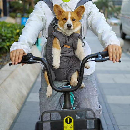 Gray pet front carrier backpack holding a Corgi during cycling: secure, anti-shake design keeps pets safe & comfortable while commuting or biking outdoors.