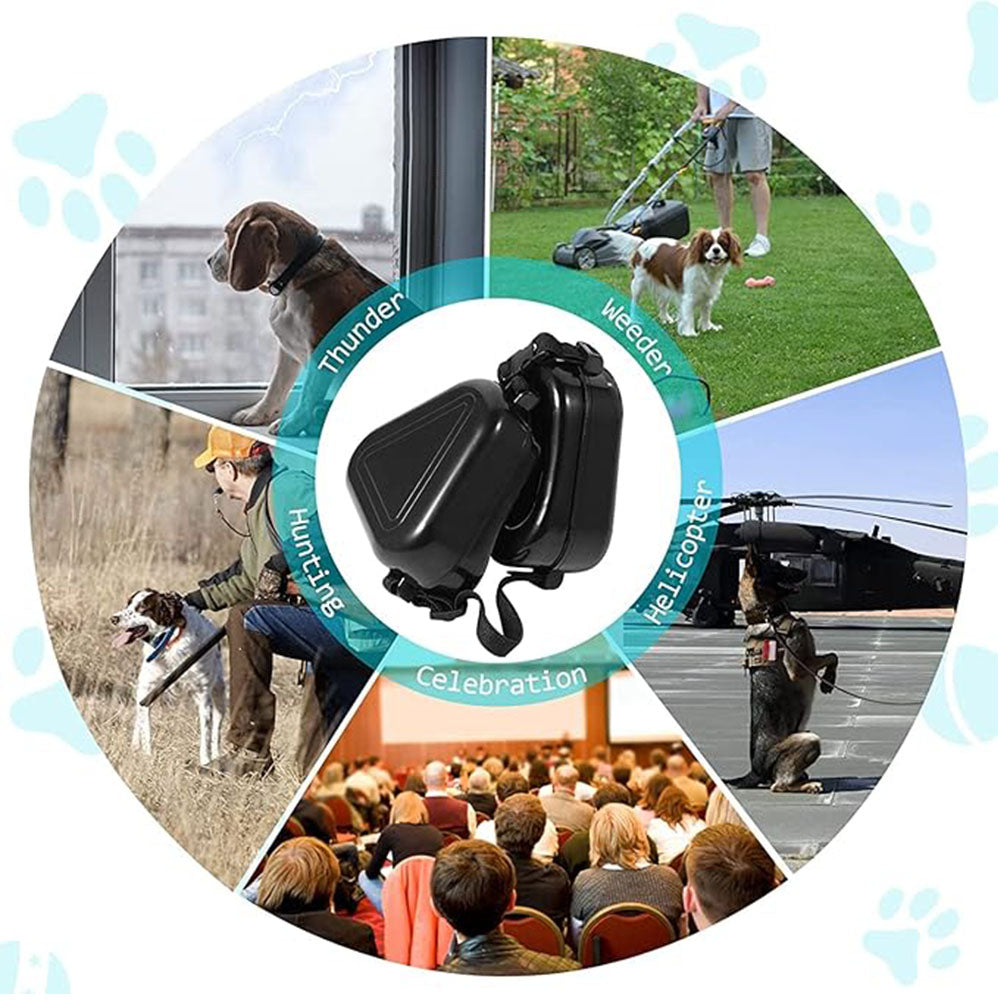 Pet noise canceling earmuffs shield dogs from diverse loud noises—thunder, weeder, helicopter, hunting, and celebration sounds, ideal for noise-sensitive pets in various environments.