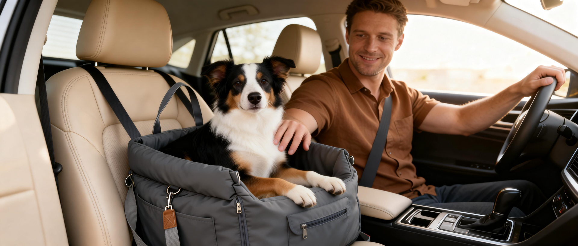 A man driving while his Border Collie sits safely in a gray pet car seat carrier (strapped to the passenger seat) – this cozy, secure travel bag keeps pets comfortable and protected during pet road trips.