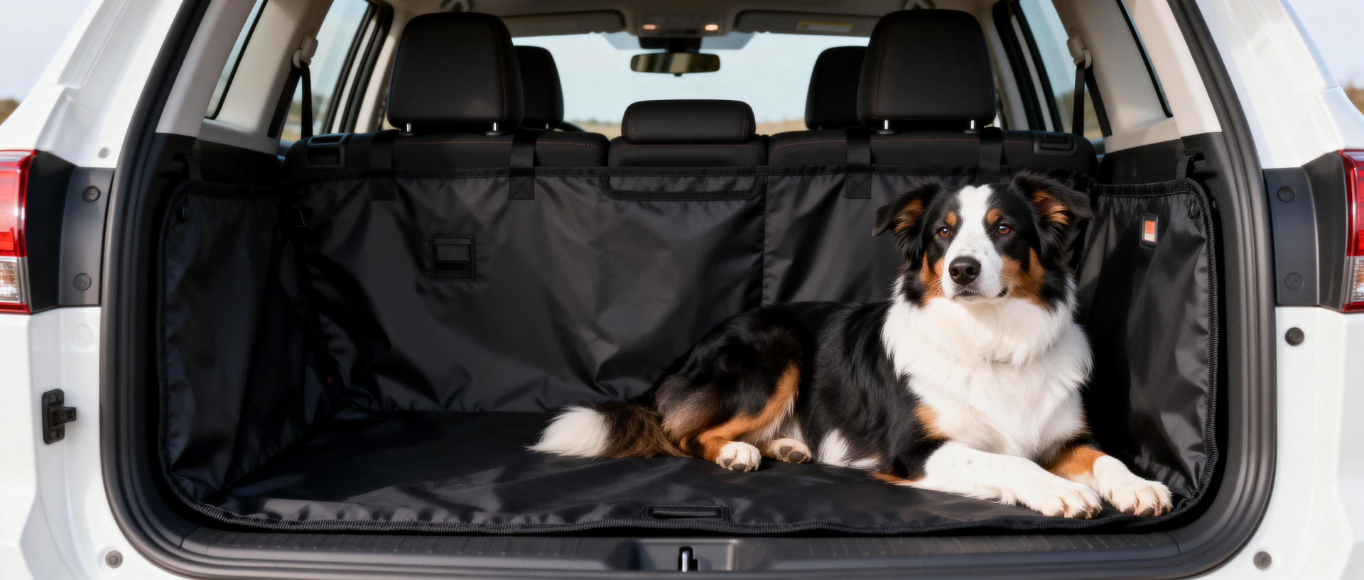 A Border Collie relaxing on a black waterproof pet car trunk protector (installed in an SUV’s rear cargo area) – this durable liner shields car interiors from dirt/hair during pet road trips and outdoor adventures.
