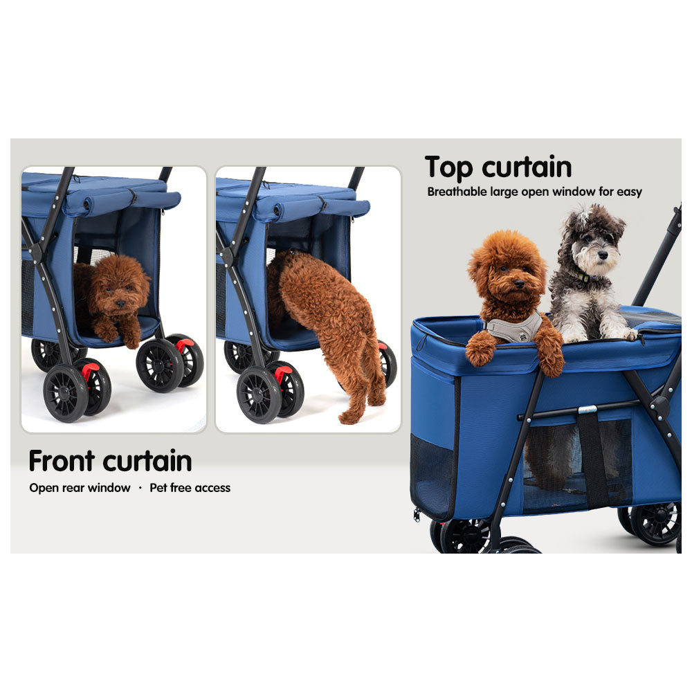 Blue pet stroller with front/rear breathable curtains: a Poodle enters through the open rear window, while two small dogs (Poodle & Schnauzer) peek through the top breathable window – designed for pet comfort and easy access.