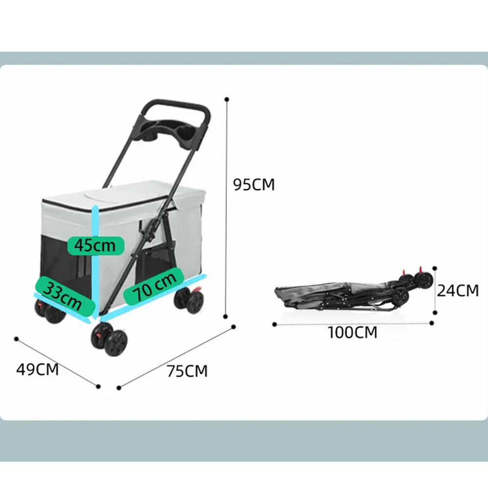 Size chart of the gray foldable pet stroller: unfolded dimensions (95cm H × 75cm L × 49cm W) and folded dimensions (100cm L × 24cm H), showing its compact storage design for easy transport.