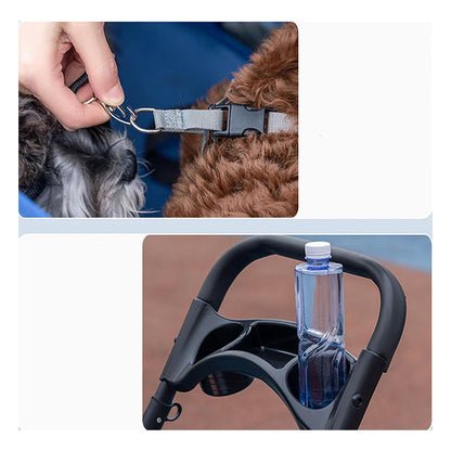 Close-up of pet stroller details: built-in leash hook (secures pets during rides) and handle cup holder (holds water bottles), adding safety and convenience for pet parents.