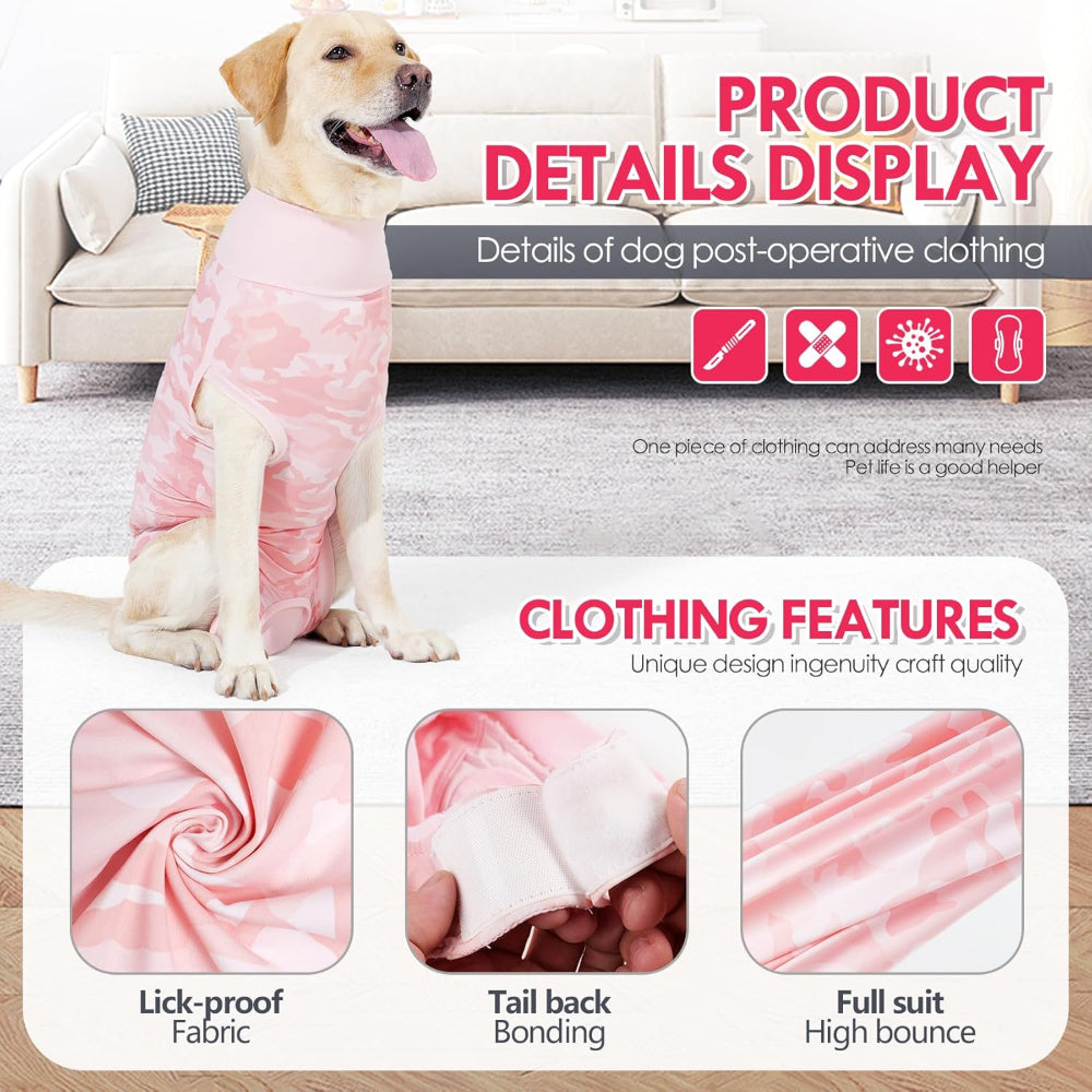 Dog recovery suit details with lick-proof fabric, secure tail bonding, and high-bounce material – a high-quality solution to address concerns about durability and functionality, providing long-lasting comfort and protection for your dog.