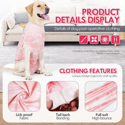 Dog recovery suit details with lick-proof fabric, secure tail bonding, and high-bounce material – a high-quality solution to address concerns about durability and functionality, providing long-lasting comfort and protection for your dog.