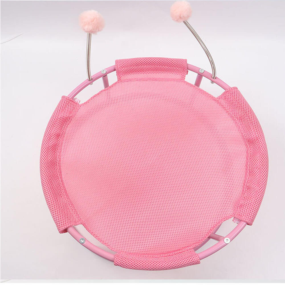 mpty pink cat hammock with breathable mesh fabric, steel frame, and spring pom-pom toys, showcasing the product design for cats and small dogs.