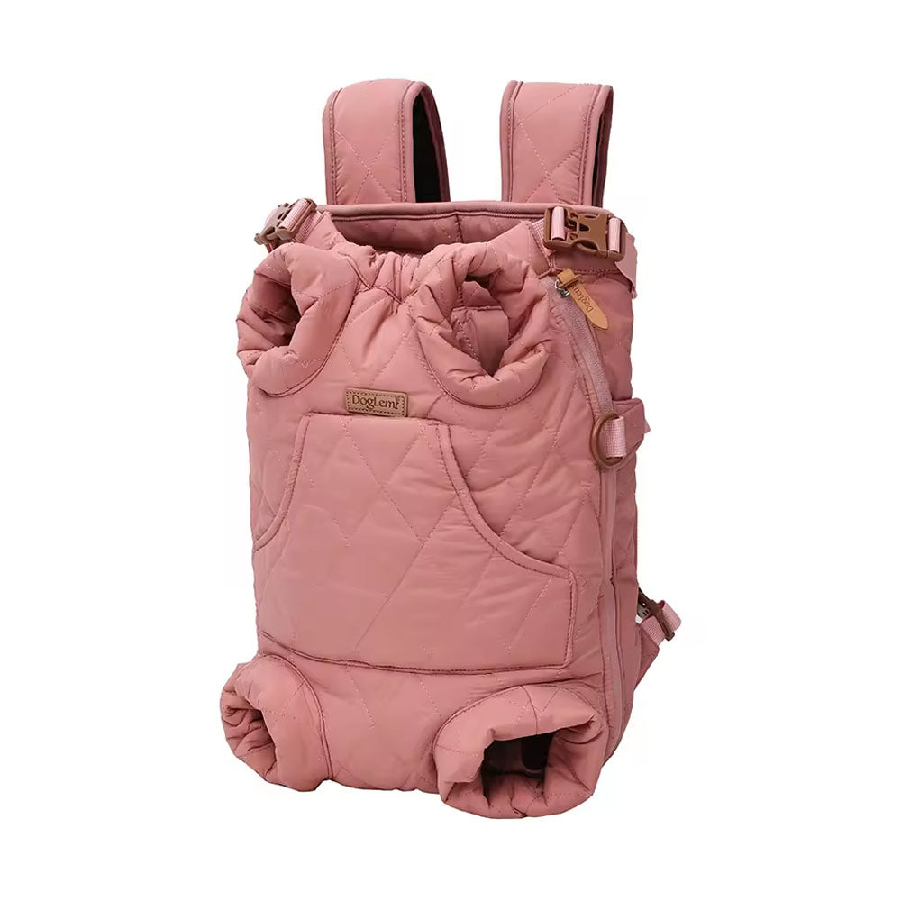 Stylish pink dual-use pet backpack carrier with secure buckles, four leg slots, and storage pocket – perfect for comfortable, safe pet transport on outdoor outings.