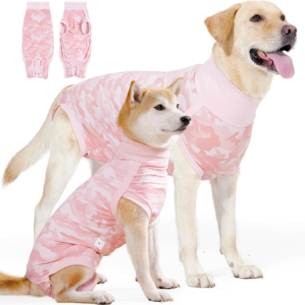 Pink camouflage dog recovery suit on Shiba Inu and Labrador – a stylish, trusted solution to address post-surgery protection and daily wear needs, keeping your dog comfortable and confident in any situation.