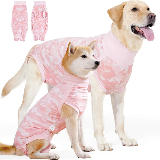 Pink camouflage dog recovery suit on Shiba Inu and Labrador – a stylish, trusted solution to address post-surgery protection and daily wear needs, keeping your dog comfortable and confident in any situation.