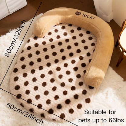Polka dot pet bed with U-shaped pillow, dimensions 80x60cm, suitable for pets up to 66lbs – a size-friendly solution to end worries about pet bed fit, providing a cozy, spacious spot for cats and dogs to rest.