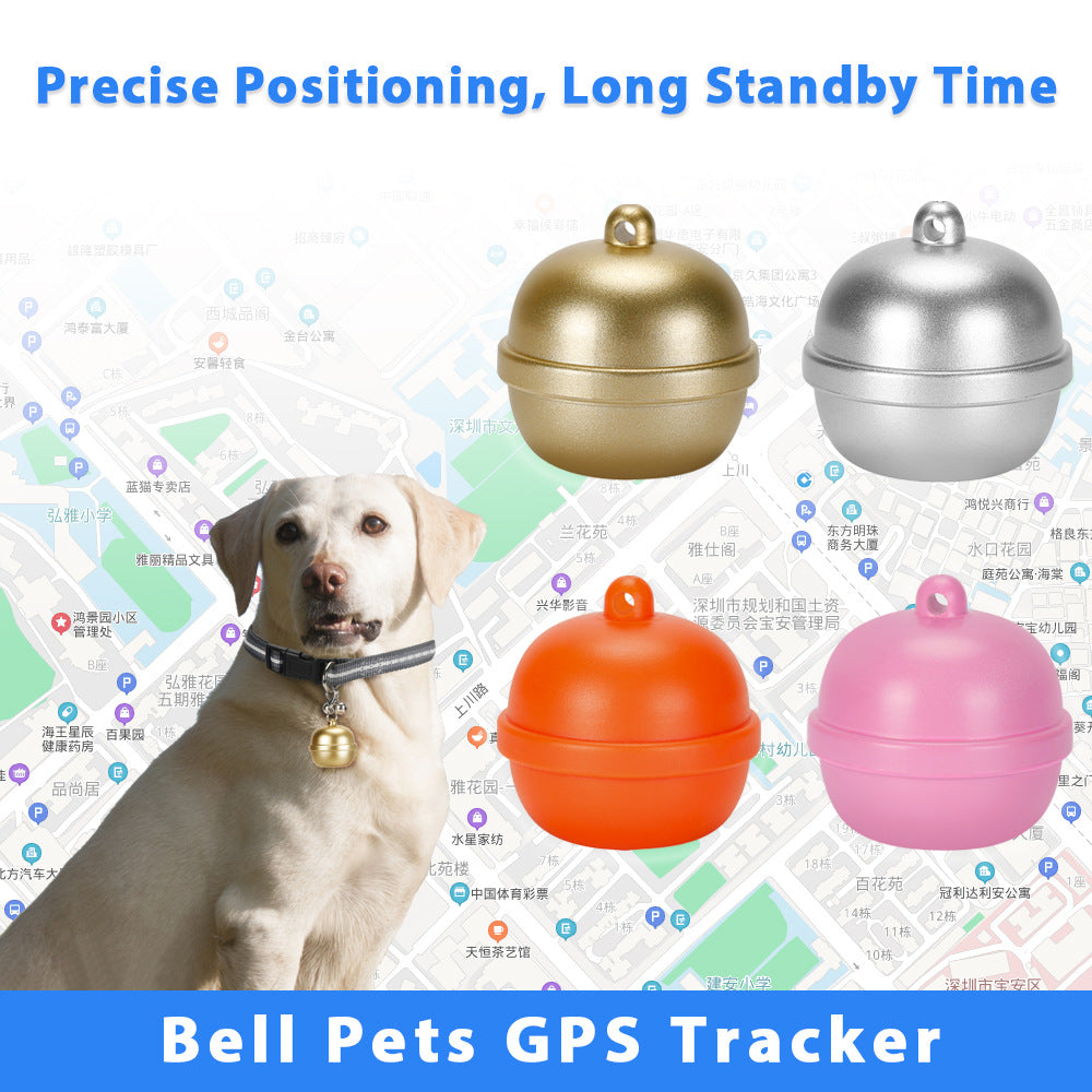 Multi-color (gold/silver/orange/pink) dog GPS bell tracker with precise positioning and long standby time, solving the troubles of inaccurate tracking and frequent charging of pet devices.
