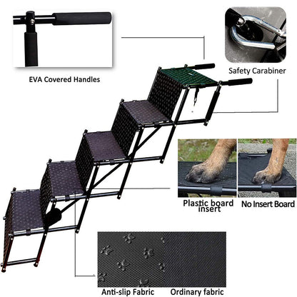 Close-up of foldable dog stairs highlighting key features: EVA padded handles for easy carrying, safety carabiner to secure to vehicles, plastic board inserts for stability, and water-resistant anti-slip fabric vs. ordinary fabric, designed to protect dog joints and prevent slipping.
