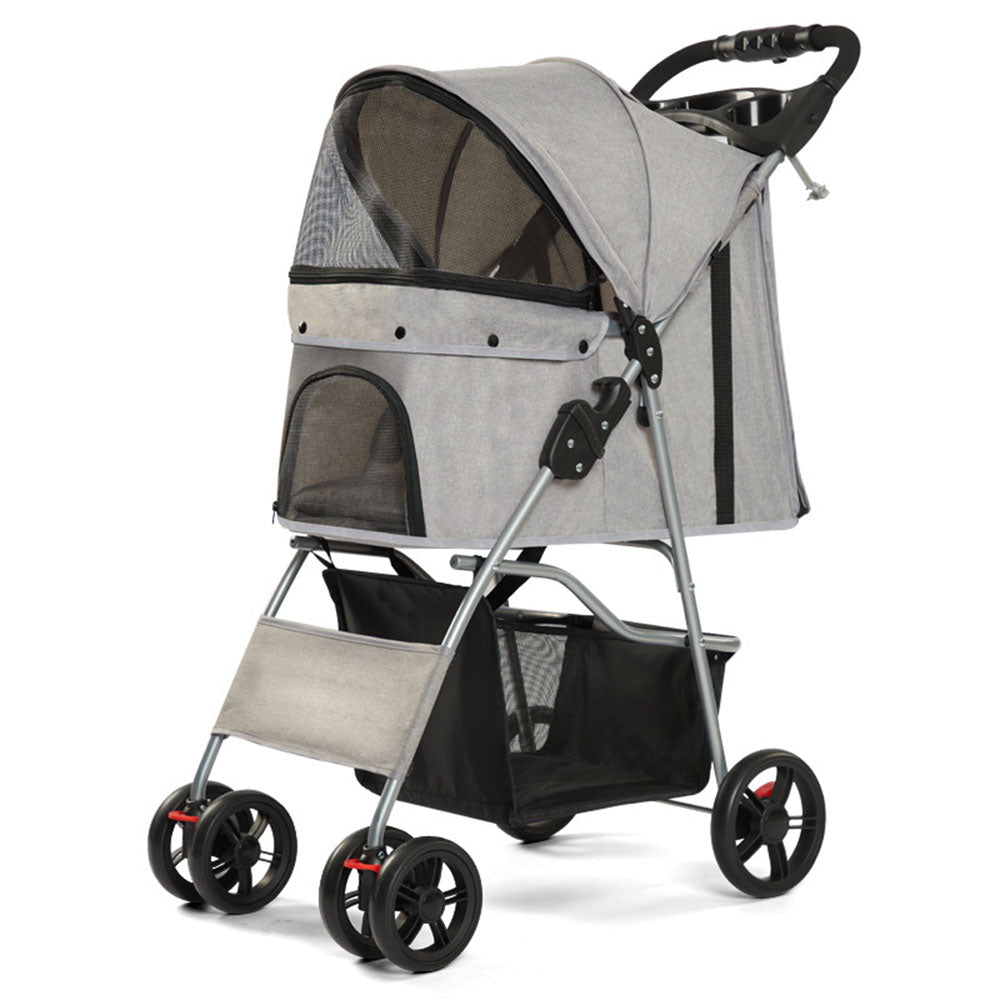 Premium grey pet stroller with durable carbon steel frame, breathable mesh windows, and a large bottom storage basket. Perfect for safely transporting small dogs and cats during walks, trips, or vet visits.