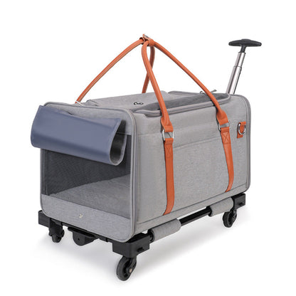 Premium rolling pet carrier in gray, airline approved with mesh windows for ventilation, telescoping handle and wheels for easy transport of small pets.
