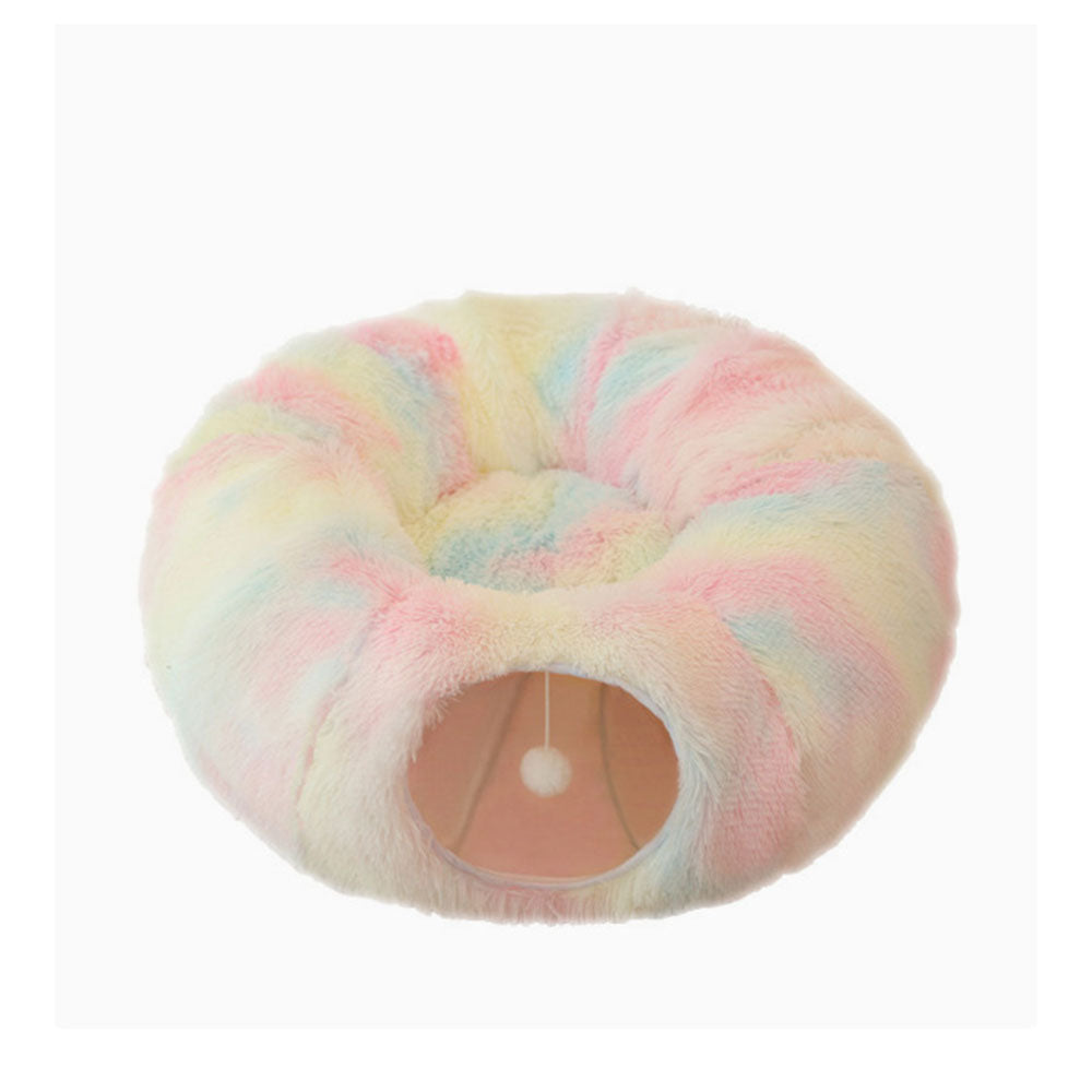 Rainbow plush cat bed tunnel with interactive pom-pom – a vibrant, anxiety-reducing solution to add fun to your cat’s naptime and playtime, blending style and comfort for your furry companion.