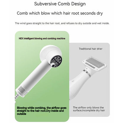 Comparison of a 2-in-1 pet dryer brush (left) vs traditional pet dryer (right). The innovative comb design blows air directly to the hair root, ensuring fur dries completely inside and out to prevent skin issues.