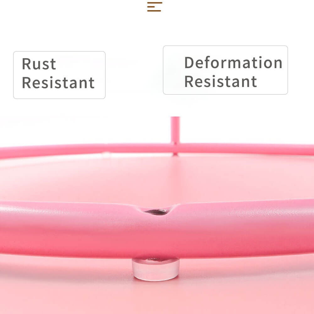 Close-up of pink steel frame of cat hammock, labeled "Rust Resistant" and "Deformation Resistant", showing durable construction for long-lasting use.