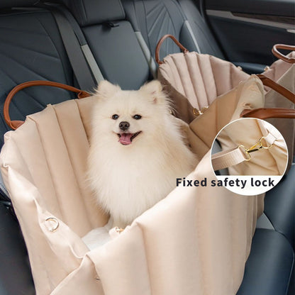 Pomeranian sitting comfortably in a padded pet carrier with fixed safety lock, ensuring secure, stress-free car travel for furry companions