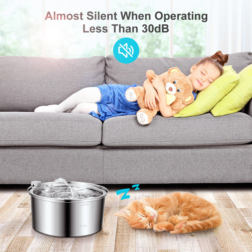 Silent stainless steel pet fountain in a quiet home setting – a calming solution to eliminate noisy fountain frustrations, letting your pet and family rest peacefully without disruptive sounds.