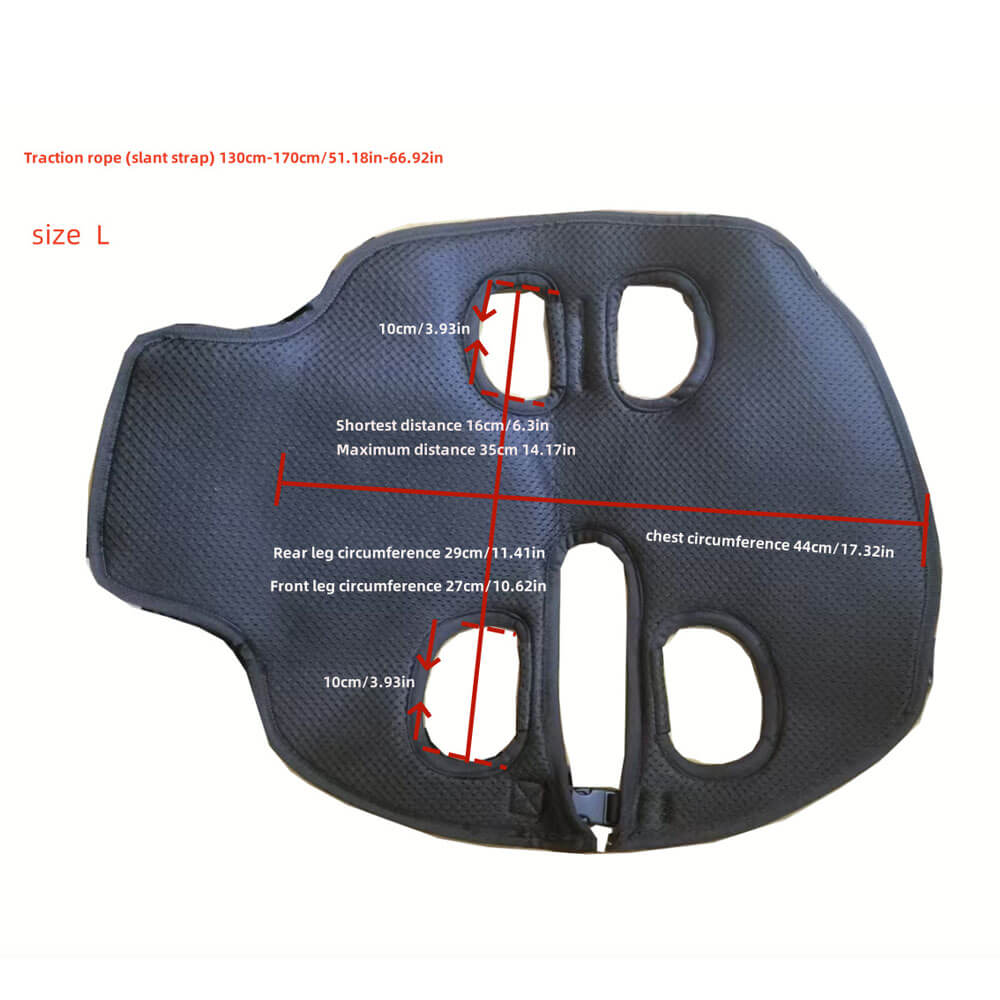  Size L pet carrier sling with detailed measurements (chest circumference, leg openings, strap length), designed for medium-sized small dogs up to 12.12 lbs.