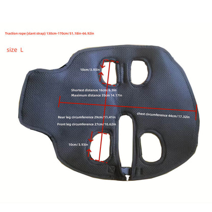  Size L pet carrier sling with detailed measurements (chest circumference, leg openings, strap length), designed for medium-sized small dogs up to 12.12 lbs.
