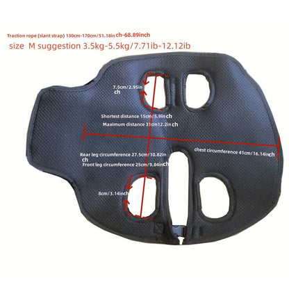 Size M pet carrier sling with full measurement details, ideal for small dogs weighing 3.5kg-5.5kg (7.71-12.12 lbs), featuring adjustable traction strap.
