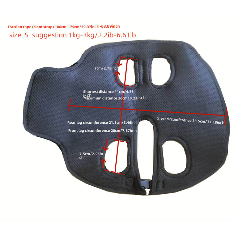 Size S pet carrier sling with precise dimensions, recommended for tiny dogs and puppies weighing 1kg-3kg (2.2-6.61 lbs), with adjustable strap length.

