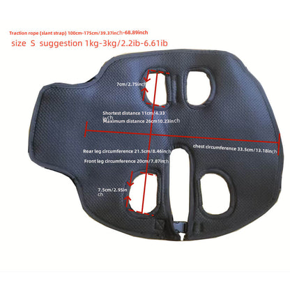 Size S pet carrier sling with precise dimensions, recommended for tiny dogs and puppies weighing 1kg-3kg (2.2-6.61 lbs), with adjustable strap length.
