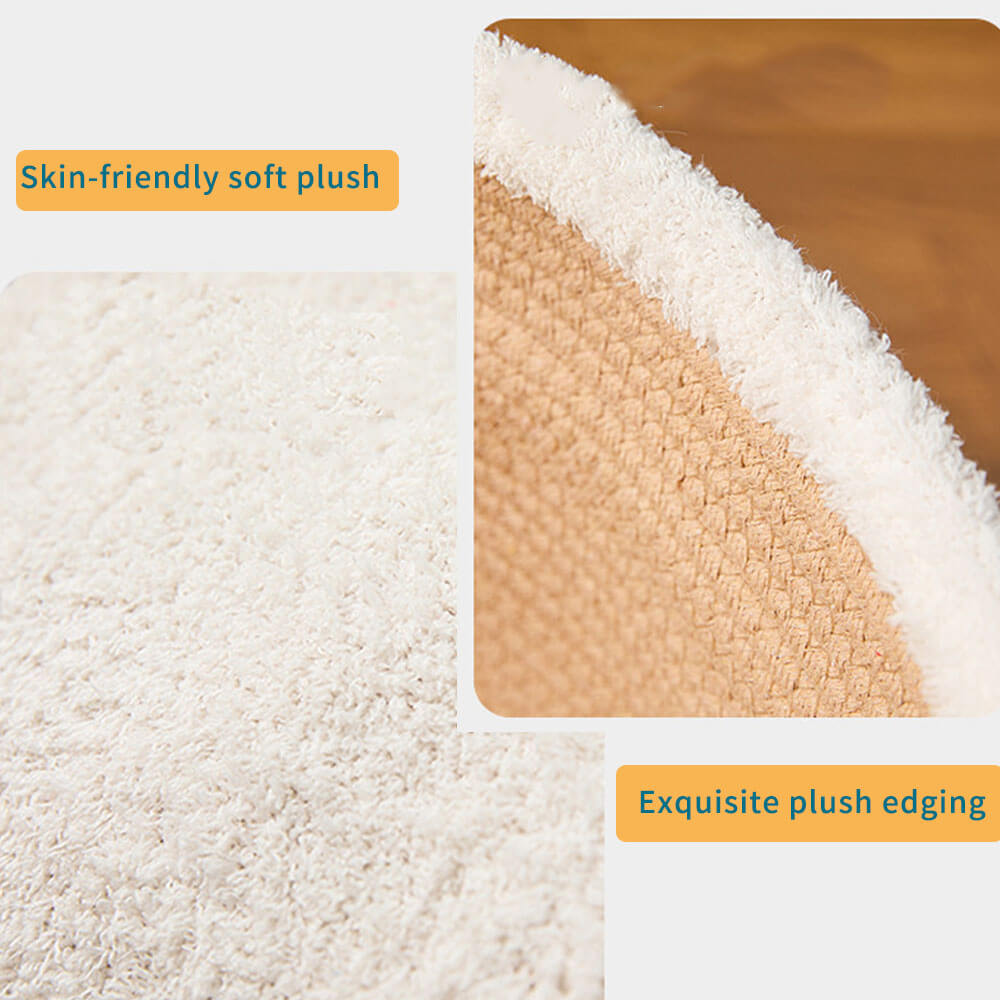 Close-up of skin-friendly soft cloud fleece exterior and exquisite plush edging on pet bed, showing gentle touch and high-quality finishing for pet comfort.