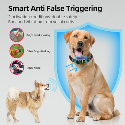 Dog bark collar with smart anti false triggering technology, featuring double safety activation (bark + vocal cord vibration) to prevent false triggers from dog’s head shaking, other dogs’ barking, and surrounding noise.