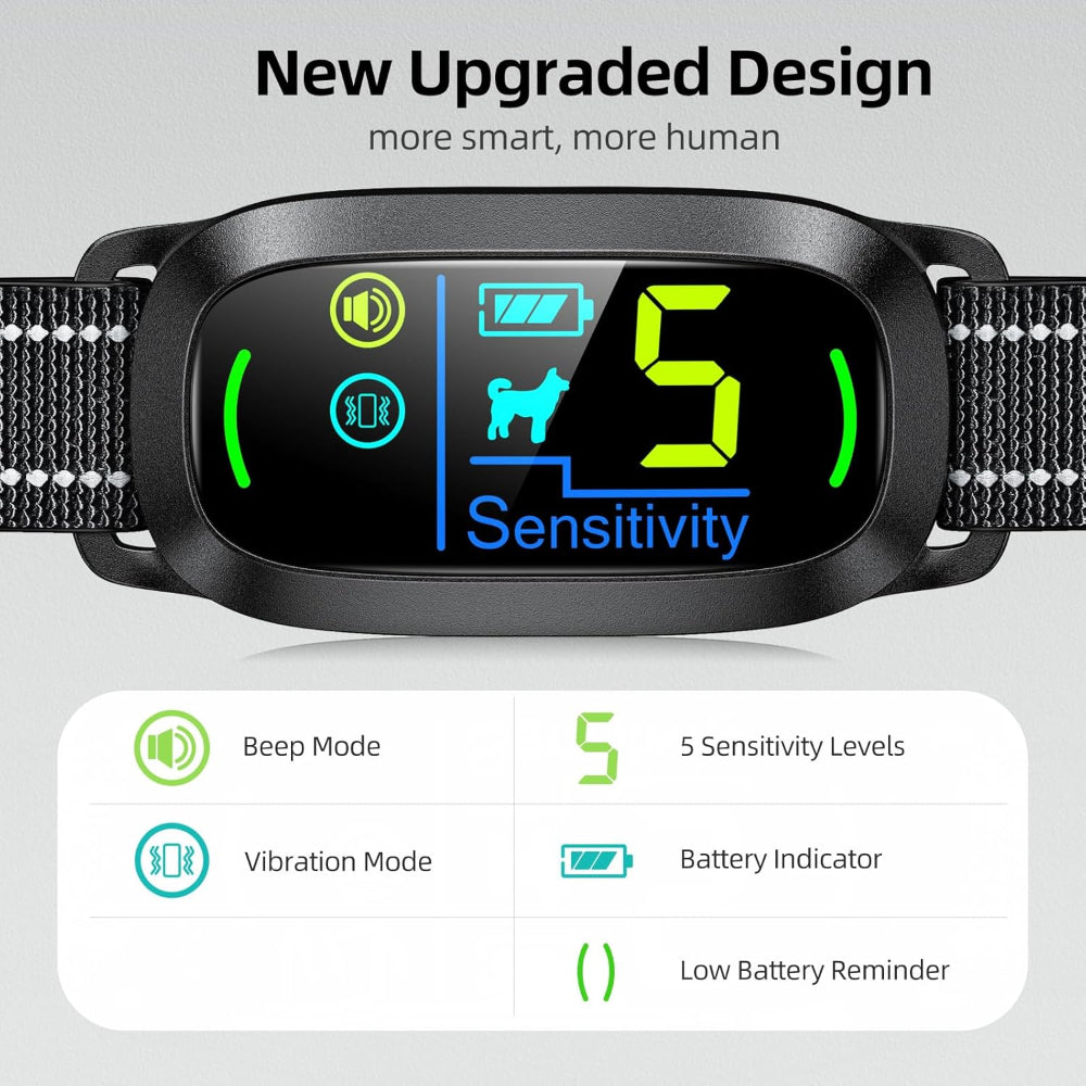 New upgraded dog bark collar with user-friendly display: clearly labels beep mode, vibration mode, 5 sensitivity levels, battery indicator, and low battery alert for easy control.