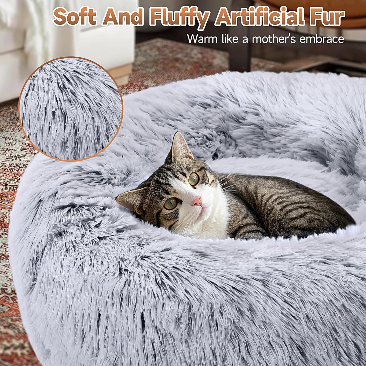 Dog & Cat Calming Donut Bed  Washable Round Fluffy Pet Bed
