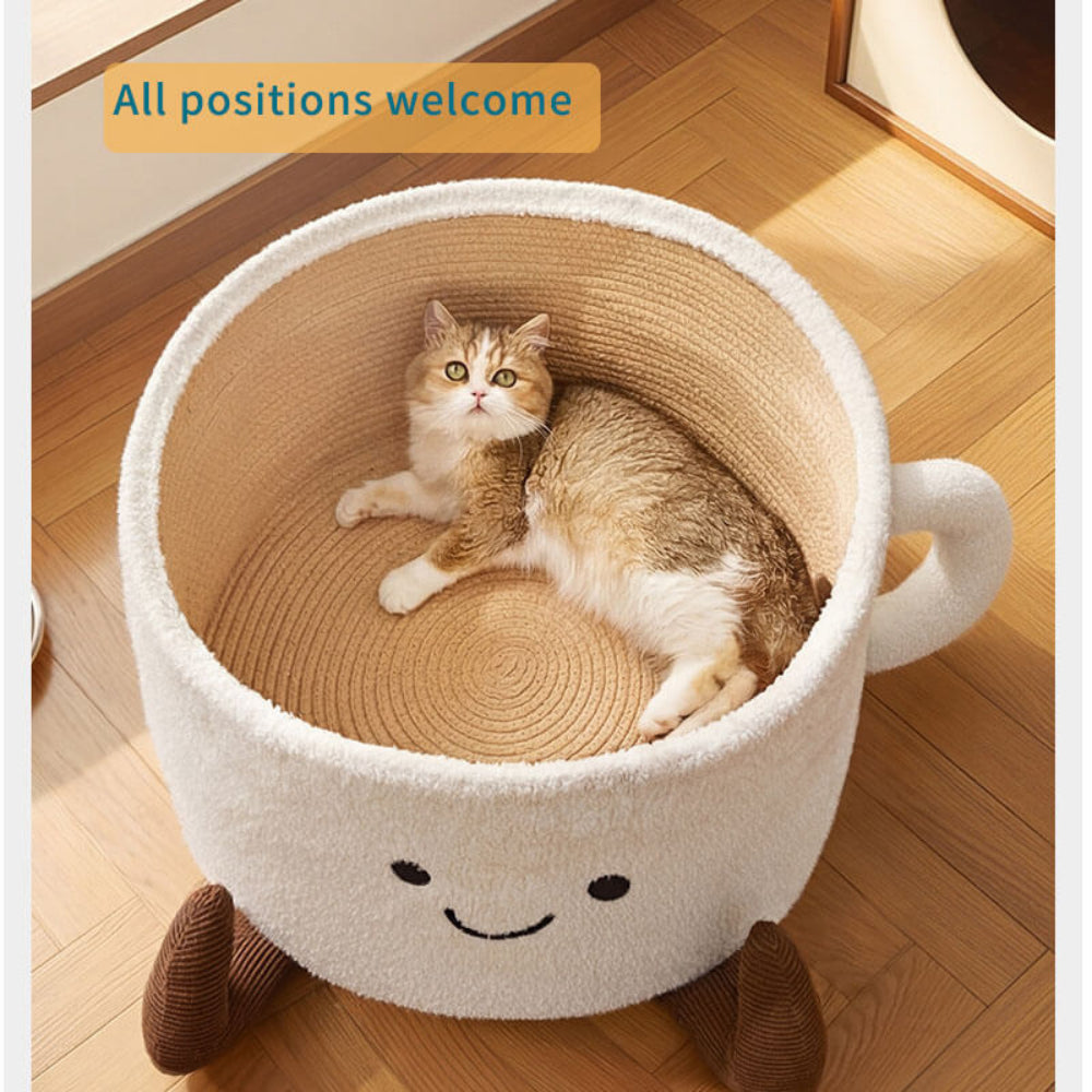 Cat stretching out comfortably inside large teacup pet bed, demonstrating the spacious design that fits curled, stretched, and sprawled sleeping positions.