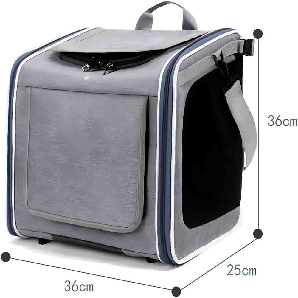 Expanded view of a grey pet bike carrier with dimensions (36×25×36cm), featuring mesh ventilation panels, a stable structure, and spacious interior to reduce pet anxiety and ensure comfort during rides.

