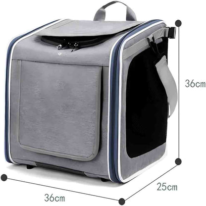 Expanded view of a grey pet bike carrier with dimensions (36×25×36cm), featuring mesh ventilation panels, a stable structure, and spacious interior to reduce pet anxiety and ensure comfort during rides.
