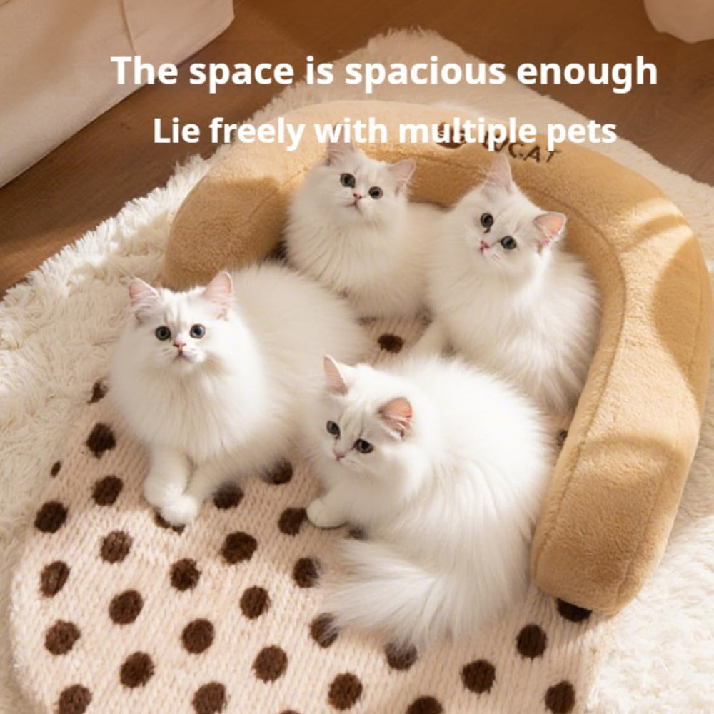Spacious polka dot pet bed with multiple cats lounging – a roomy solution to end space worries for multi-pet households, letting your cats or small dogs relax and bond together in comfort.