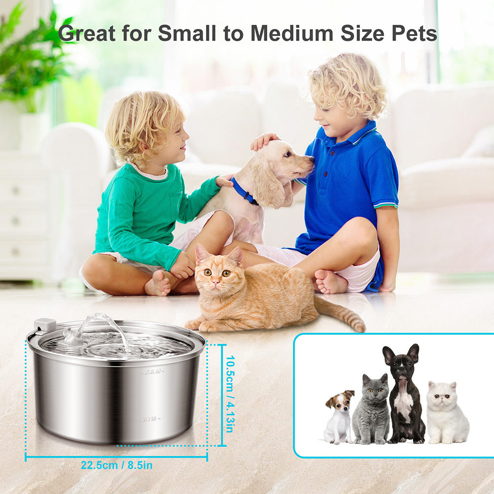 Stainless steel pet fountain with size details and small-medium pets – a fitting solution to address concerns about fountains being too big or small, ensuring your pet has a safe, comfortable spot to drink and stay hydrated.