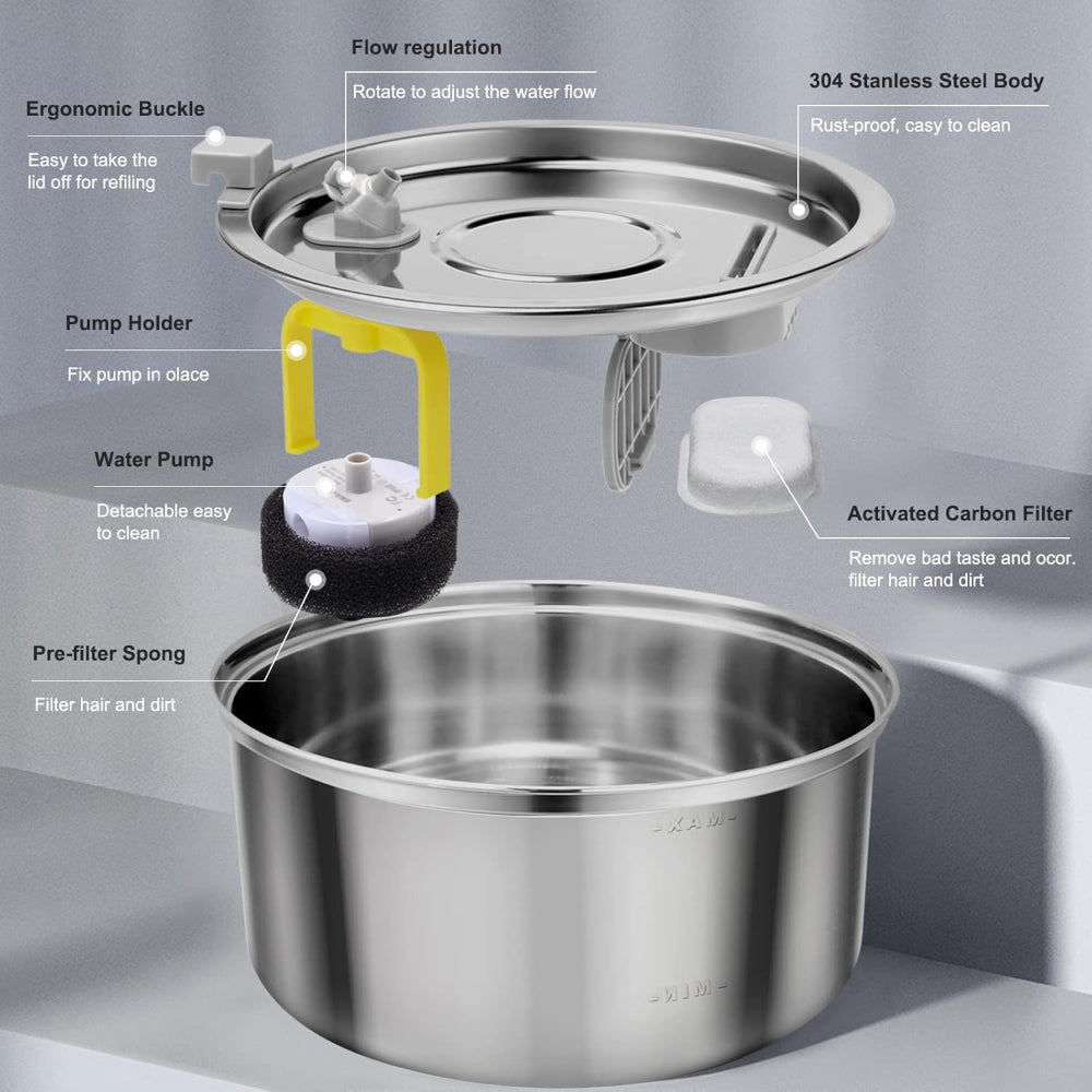 Stainless steel pet fountain’s detachable components and filtration system – a practical solution to ease the stress of cleaning, ensuring your pet’s water stays fresh and clean with easy-to-detach, washable parts.