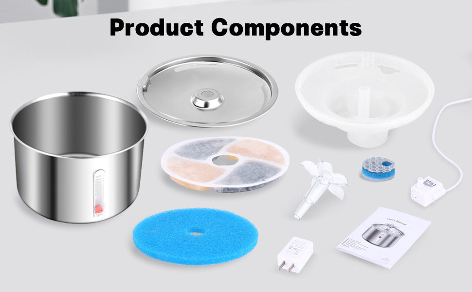 Pet Fountain Water Dispenser Parts - Stainless Steel Bowl, Filter, Pump & Accessories