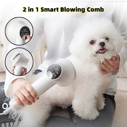 A calm Bichon Frise being groomed with a 2-in-1 pet dryer brush, showing how the all-in-one design makes at-home grooming easy and stress-free for both pets and owners.