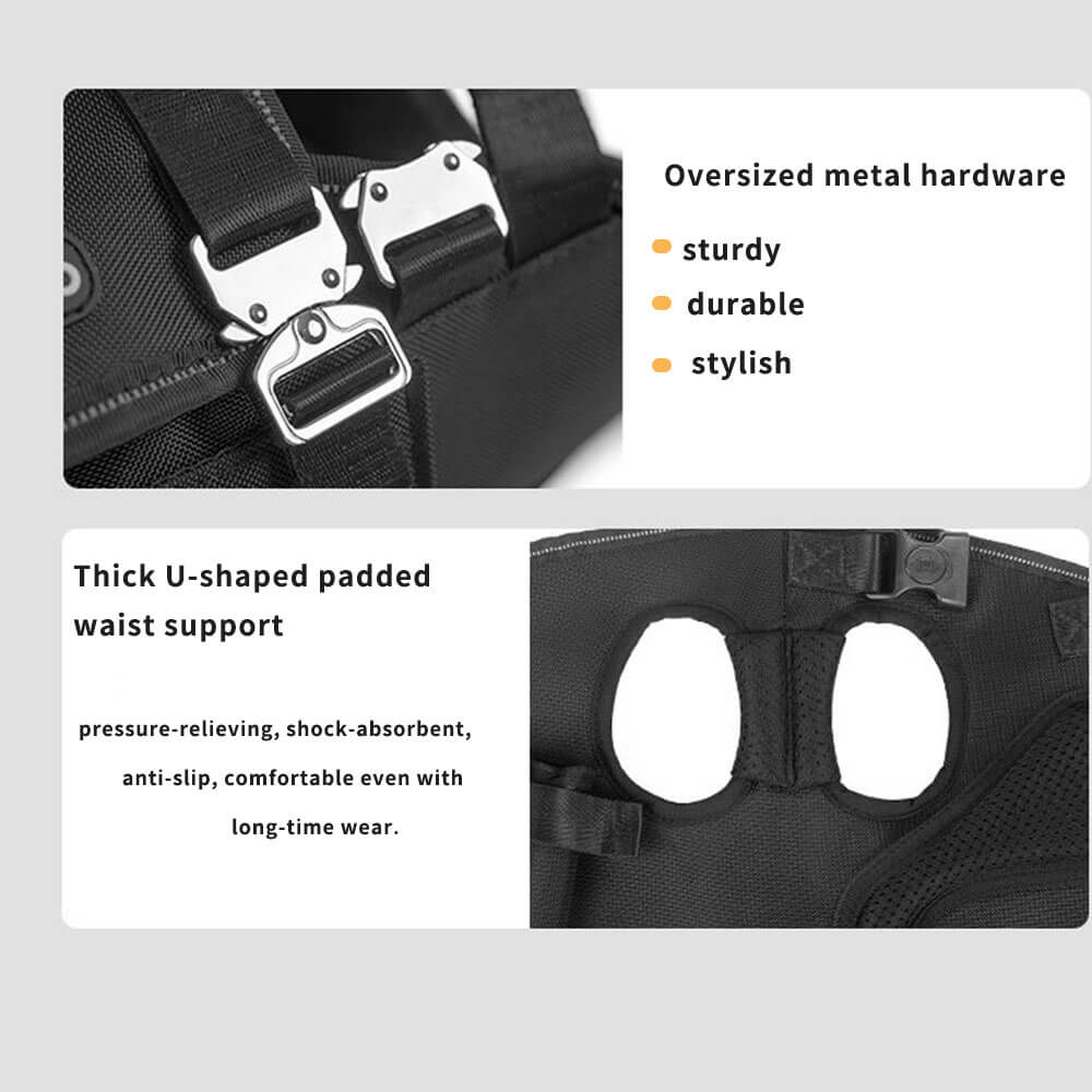 Close-up of oversized metal buckles (sturdy, durable, stylish) and thick U-shaped padded waist support on a pet carrier, highlighting pressure-relief and long-wearing comfort for pet owners.