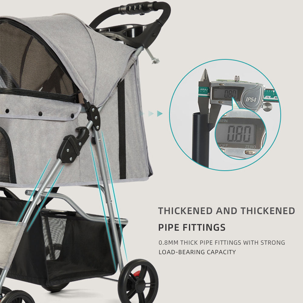 Durable pet stroller with 0.8mm thickened carbon steel pipe fittings for strong load-bearing capacity up to 15kg. Reinforced frame ensures safety and stability for small dogs and cats during travel.