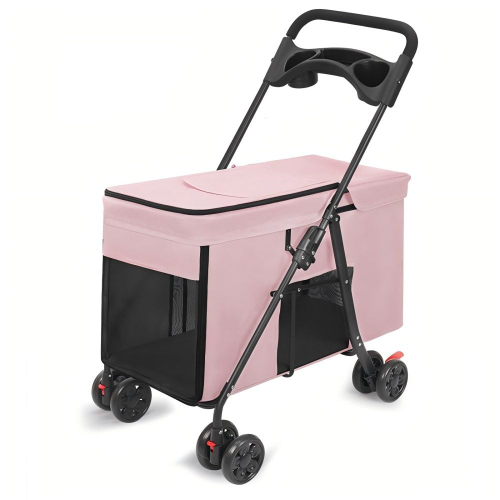 Light pink foldable pet stroller with mesh ventilation panels and sturdy wheels: designed for middle or large dogs/cats, ideal for comfortable outdoor trips, walks, and park outings.
